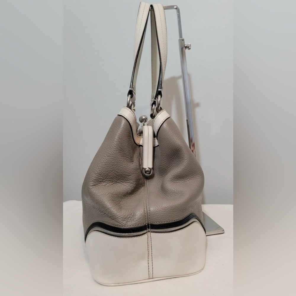 Coach Laura Spectator Satchel Tote Bag Gray White Leather 3 Compartments - Picture 5 of 16